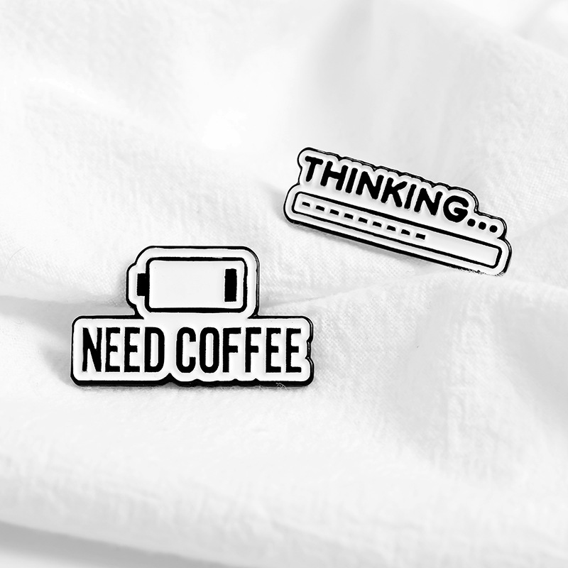 Creative Thinking Progress Bar and Need Coffee Battery Enamel Pins Minimalist Alloy Badges Jewelry for Coffee Lovers Backpack Clothing Decor