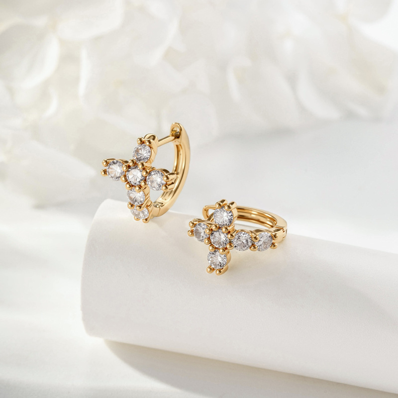 Elegant Gold Plated Copper Zirconia Cross Hoop Earrings For Women Cross Dangle Huggie Ear Buckles 10mm Inner Diameter Minimalist Religious Jewelry Gift