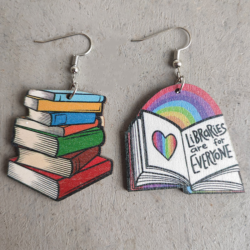 Wooden Book Earrings Rainbow Heart Libraries Are For Everyone Print Reading Theme Drop Earrings For Teachers Students Book Lovers Gift Jewelry
