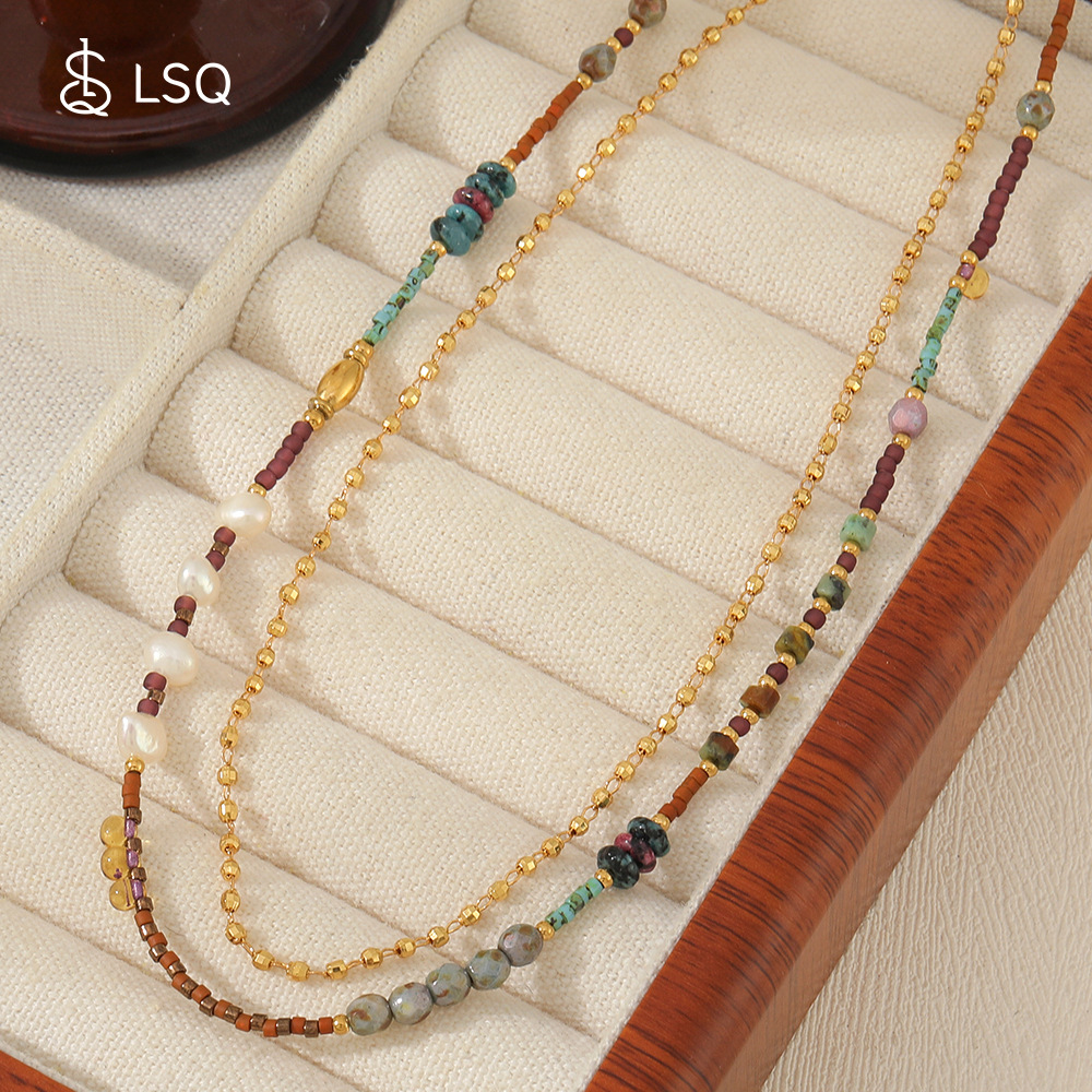 Vintage Bohemian Natural Stone Beaded Necklace With Freshwater Pearl And Stainless Steel Chain Jewelry For Women