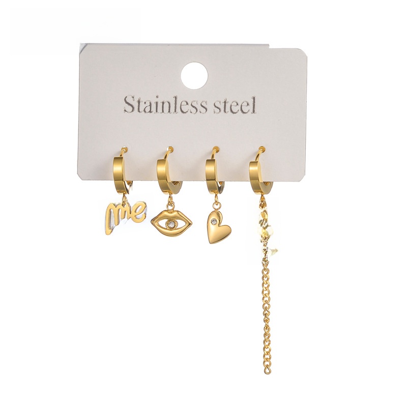 Stainless Steel Earrings Gold Plated Asymmetric Evil Eye Heart Letter Me Miss You Square Tag Long Chain Jewelry Women