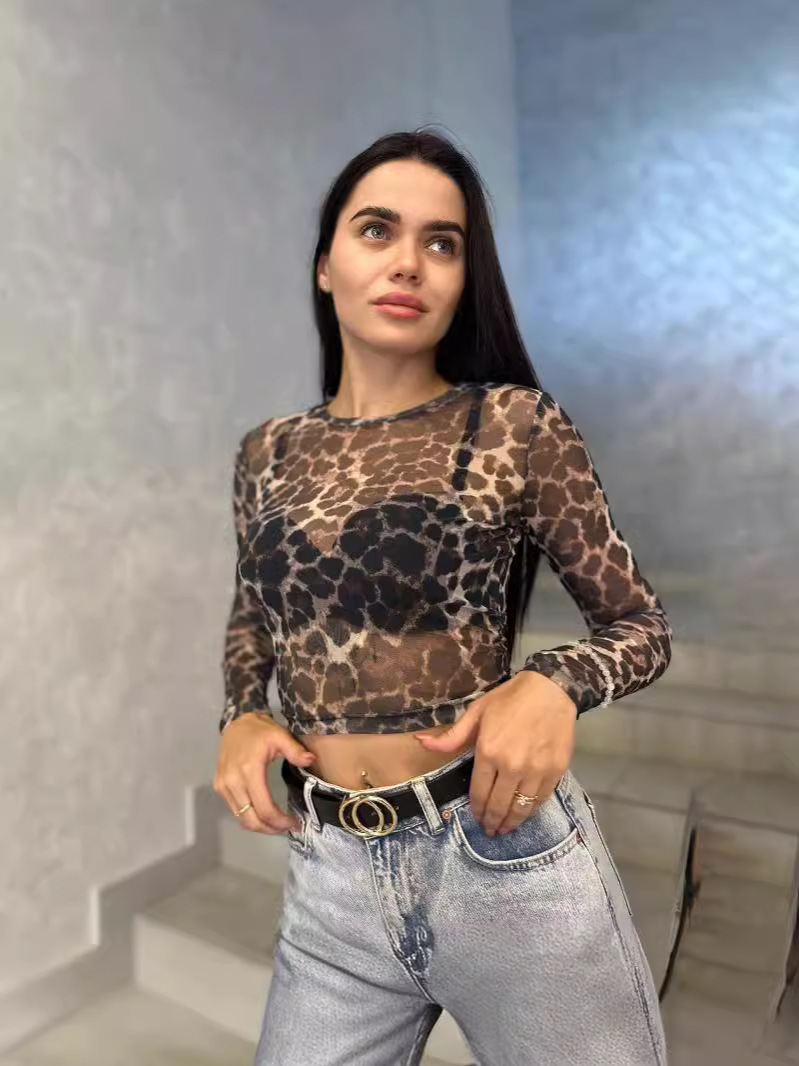 Sexy Women Leopard Print Mesh Long Sleeve Top Sheer See Through Slim Fit Crop Top Y2K Streetwear Party Clubwear Blouse