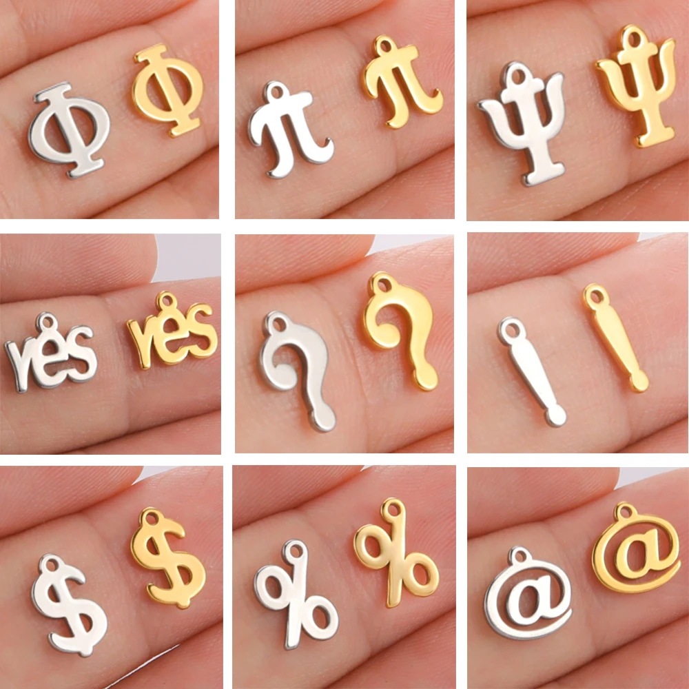 Stainless Steel DIY Mini Symbol Charms Greek Letters Phi Pi Psi Dollar Sign Question Mark Yes Pendants For Jewelry Making Accessories