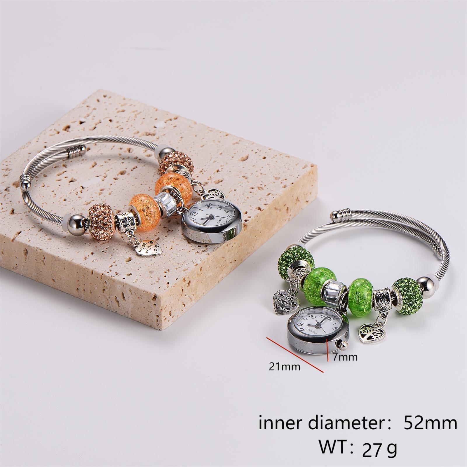 Women Charm Bracelet Watch 316L Stainless Steel Alloy Crystal Beaded Heart Pendant Adjustable Quartz Dial Rhinestone Jewelry