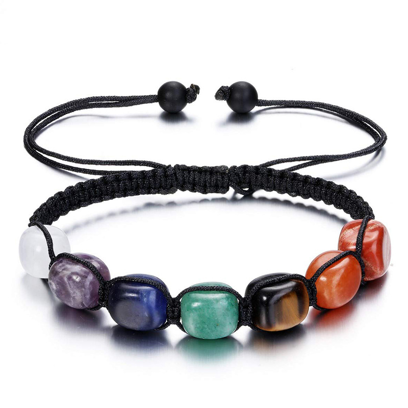 7 Chakra Natural Stone Hand-Woven Bracelet Adjustable Black Nylon Rope Healing Crystal Yoga Meditation Jewelry for Women Men Body Balance