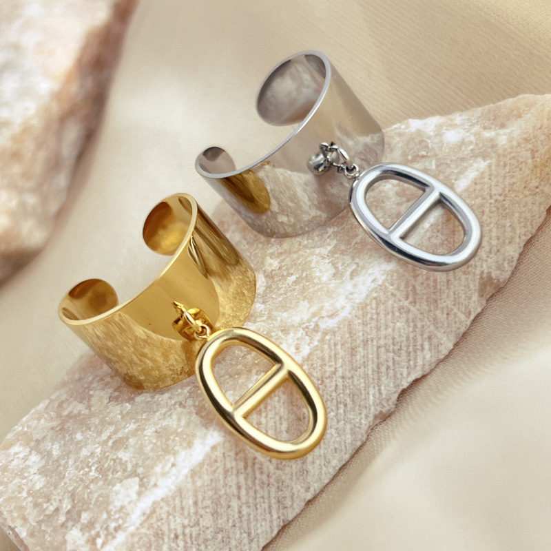 18K Gold Plated Stainless Steel Chaine d'Ancre Pendant Ring Women Wide Band Open Adjustable Anchor Link Pig Nose Dangle Ring Minimalist Jewelry Non-Tarnish