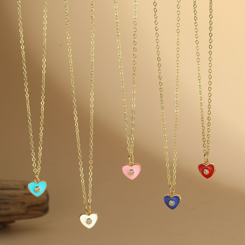 French Retro Heart Pendant Necklace Copper Zircon Enamel Clavicle Chain Jewelry For Women