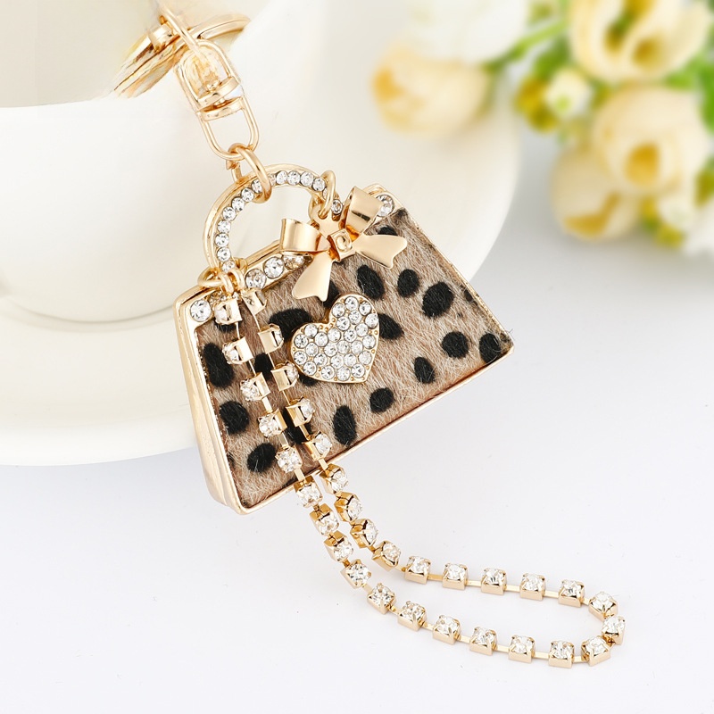 Fashion Leopard Print Handbag Keychain Alloy Rhinestone Heart Bow Tassel Bag Charm For Women Luxury Fashion Key Ring
