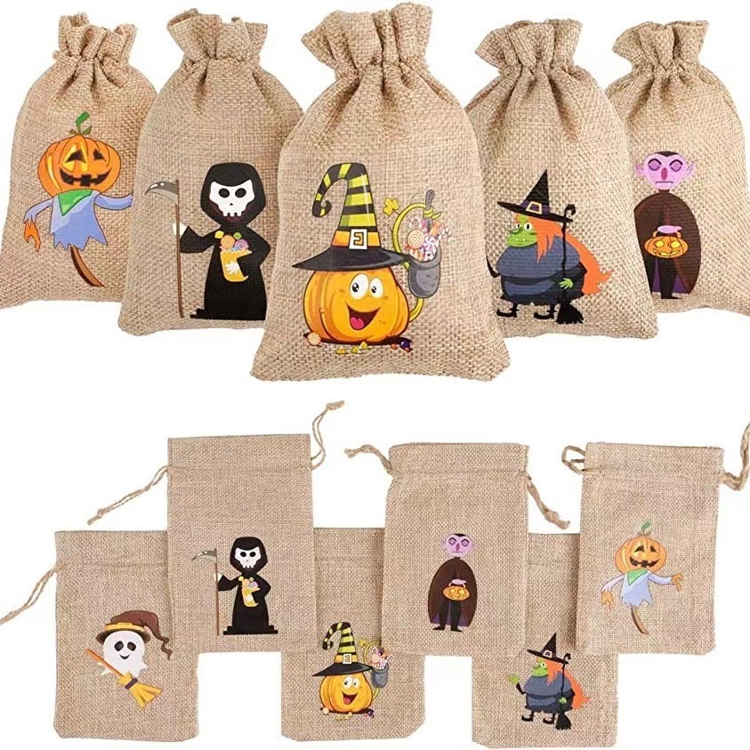 Halloween Burlap Drawstring Gift Bags Linen Candy Packaging Pouches With Pumpkin Ghost Vampire Pattern For Party Favors Reusable Treats Bags