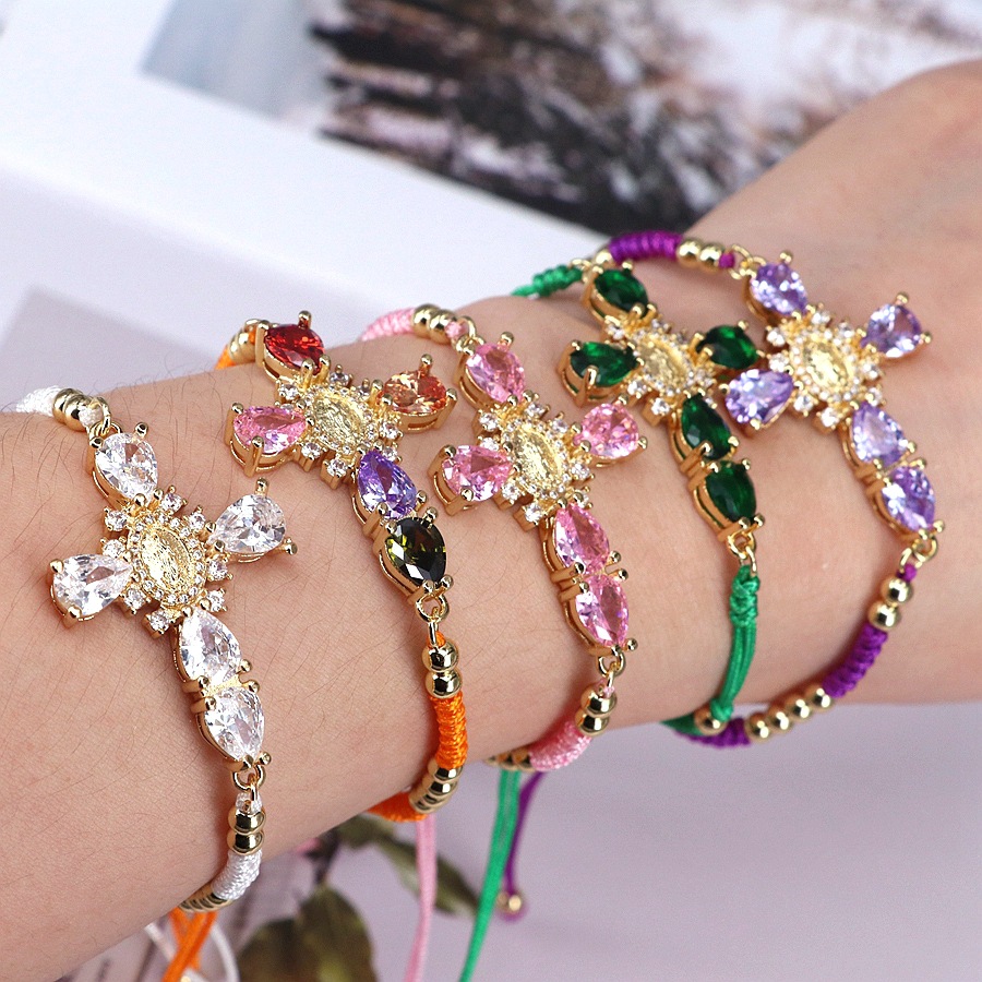 Retro Religious Cross Braided Bracelet Gold Plated Copper Colorful Zircon Virgin Mary Medal Adjustable Hand-Woven Rope Jewelry For Women Bohemian Style Fashion Gift
