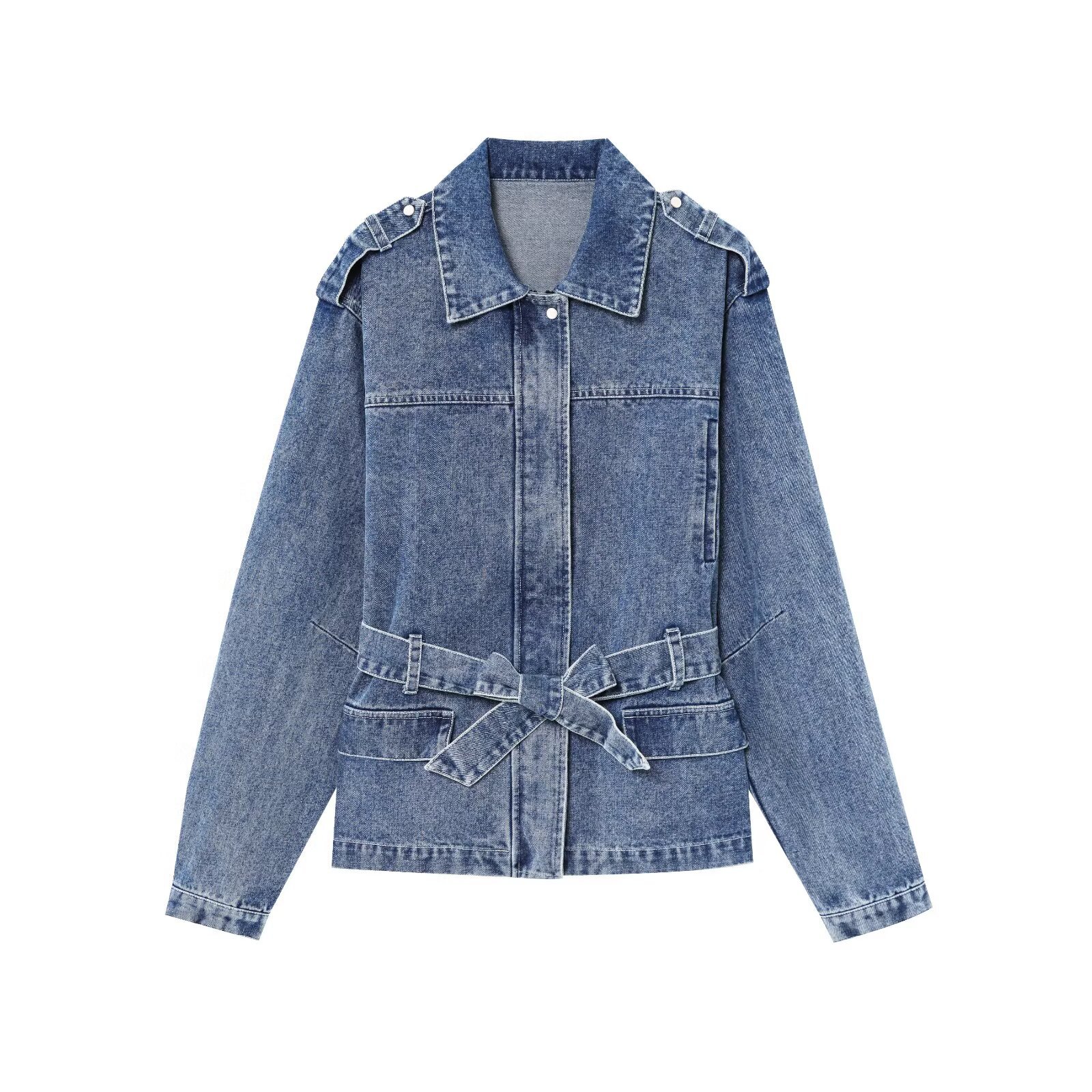 Women's Washed Blue Denim Jacket With Waist Tie Belt Fashion Lapel Long Sleeve Cotton Blend Denim Outerwear Casual Streetwear Jacket For Women
