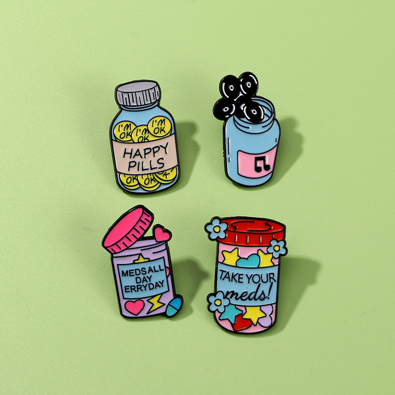 Cartoon Enamel Medicine Bottle Brooch Pins Zinc Alloy Happy Pills Take Your Meds Badges For Denim Jackets Bags Backpacks Decorative Jewelry Accessories For Women Men