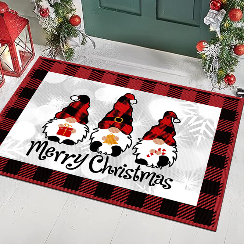 Merry Christmas Gnome Door Mat Non-Slip Crystal Velvet Entrance Rug Buffalo Plaid Decorative Floor Mat For Indoor Outdoor Home Kitchen Decor Merry Everything Gnomes Rug