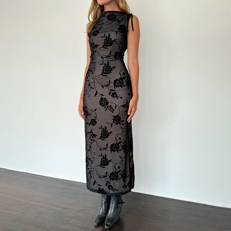 Women's Sexy Black Rose Floral Flocked Mesh Sleeveless Maxi Dress Elegant See-Through Bodycon Long Evening Party Clubwear Dress