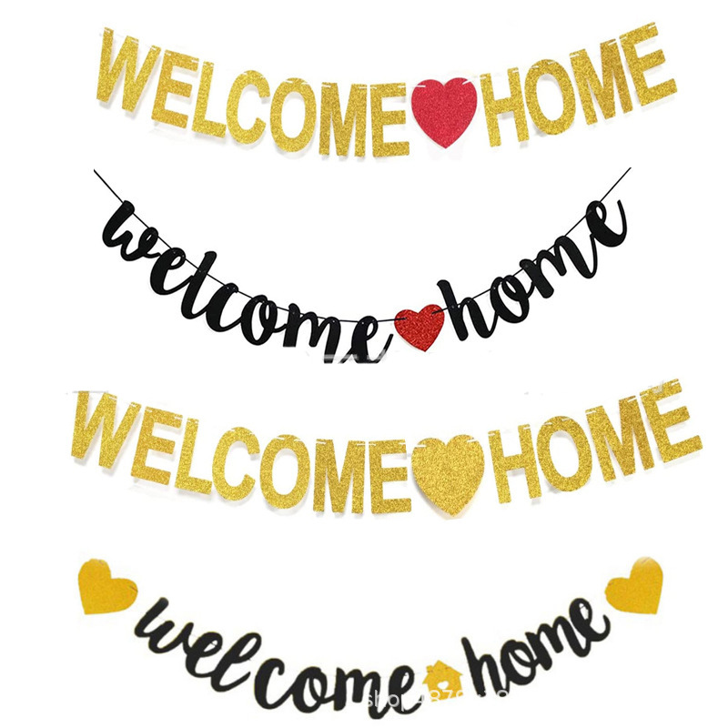 Welcome Home Banner Glitter Paper Bunting Garland For Family Party Homecoming Housewarming Decoration Supplies Gold Black Letters