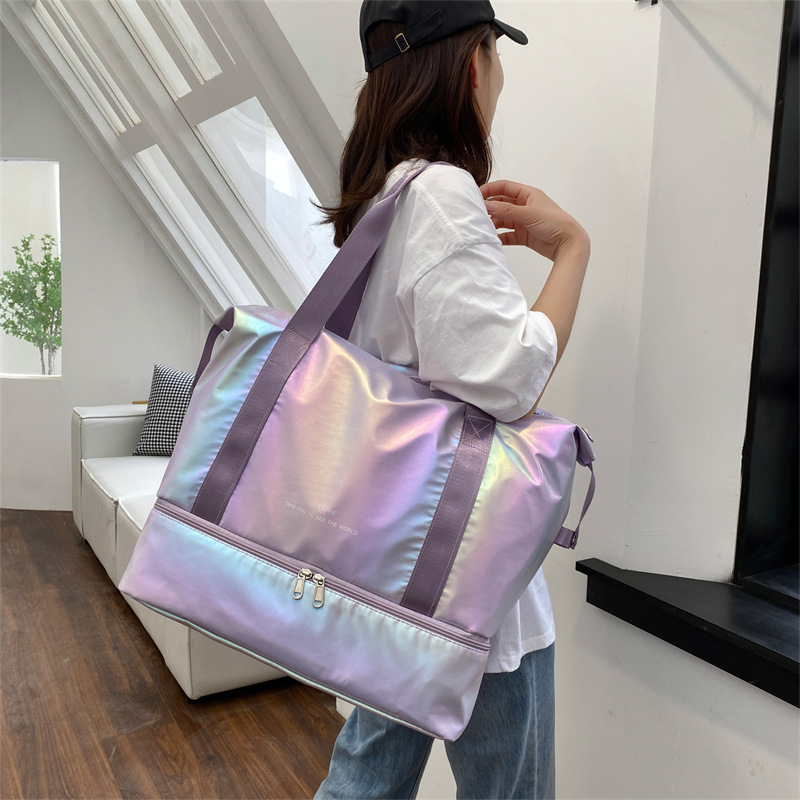 Large Capacity Holographic Travel Bag Iridescent Waterproof Gym Duffle Bag With Shoe Compartment Dry Wet Separation For Women Yoga Fitness Travel