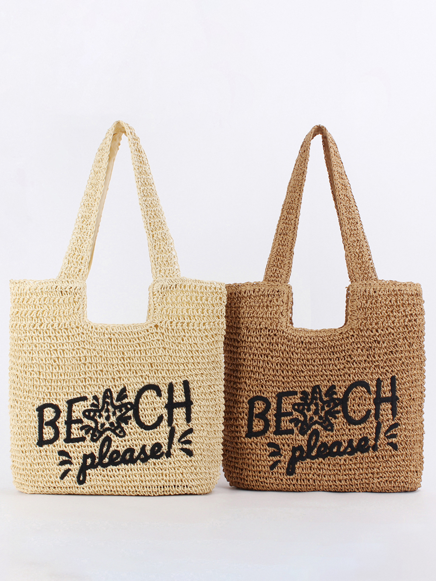 Beach Please Paper Rope Woven Tote Bag Large Capacity Summer Vacation Shoulder Bag For Women Casual Beach Travel Handbag