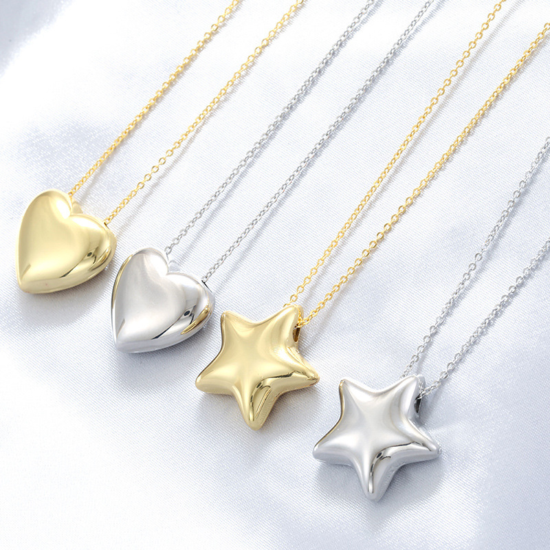 French Retro Glossy Heart Star Pendant Necklace Minimalist Copper O-Chain For Women