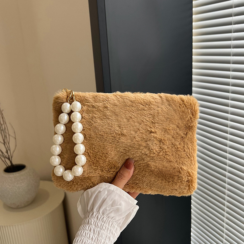 Sweet Plush Square Handbag With Large Pearl Handle Soft Faux Fur Clutch Bag For Women Fashion Winter Daily Small Top Handle Bag