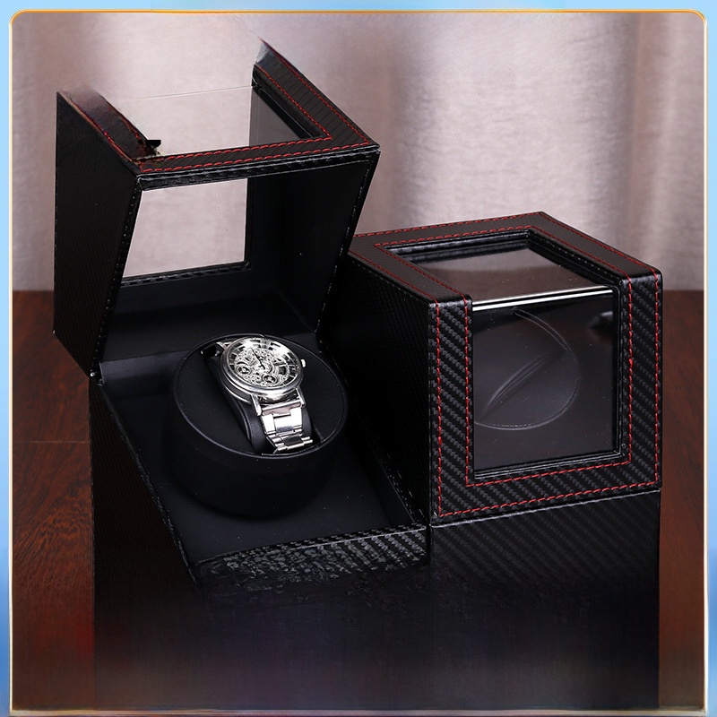 Single Automatic Watch Winder Box PU Leather Carbon Fiber Pattern Watch Storage Display Case With Quiet Motor And Transparent Window For Automatic Watches Men Women Jewelry Case