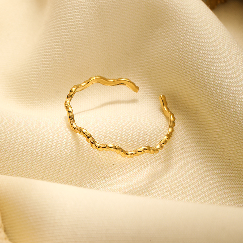 Wave Textured Open Ring 18K Gold Plated Stainless Steel Minimalist Irregular Adjustable Jewelry Women