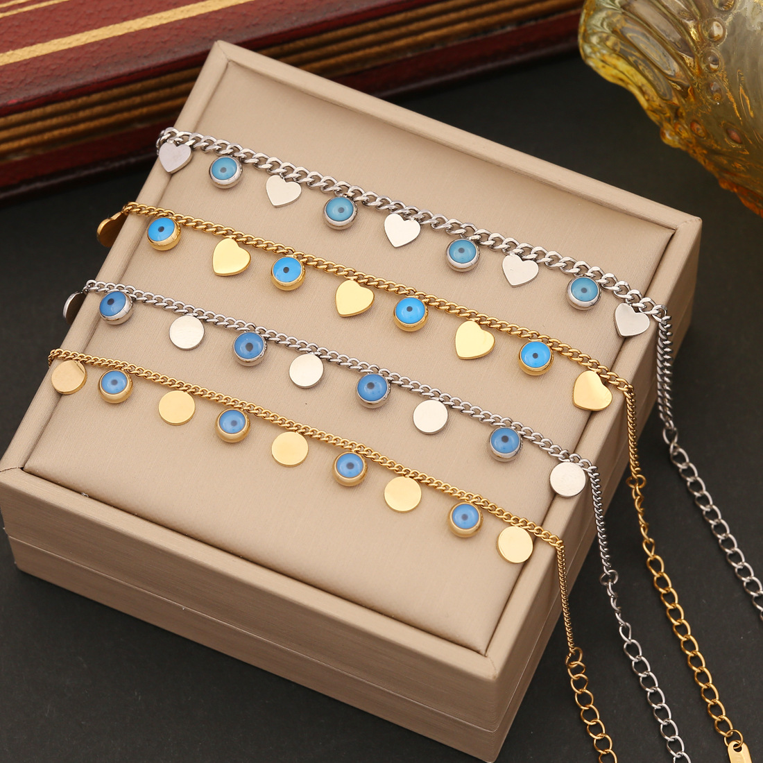 Evil Eye Heart Charm Bracelet Stainless Steel Enamel Blue Eye Dangle Chain Jewelry For Women Trendy Style