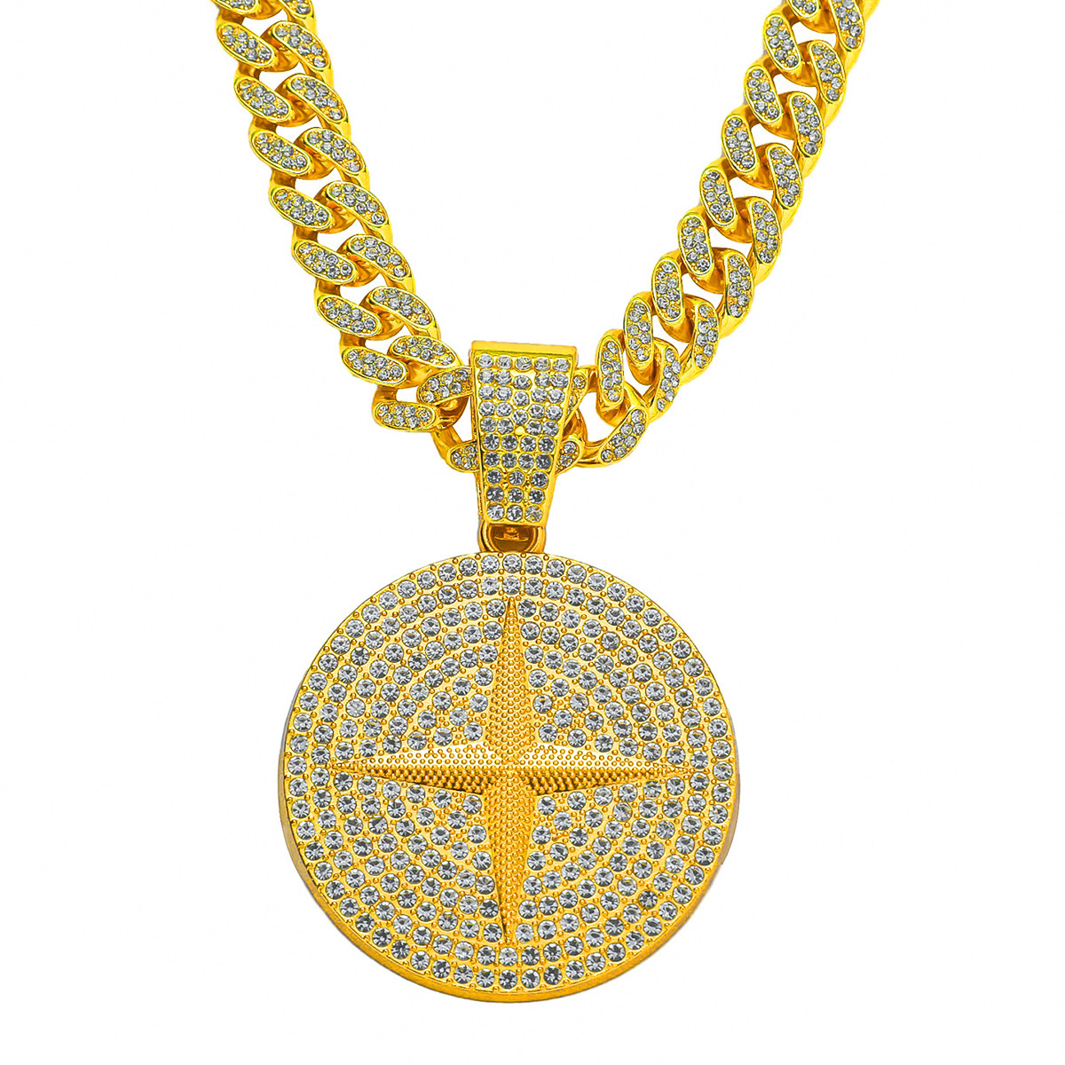 Hip Hop Iced Out Cross Star Pendant Necklace Alloy Rhinestone Cuban Link Chain Men Fashion Jewelry