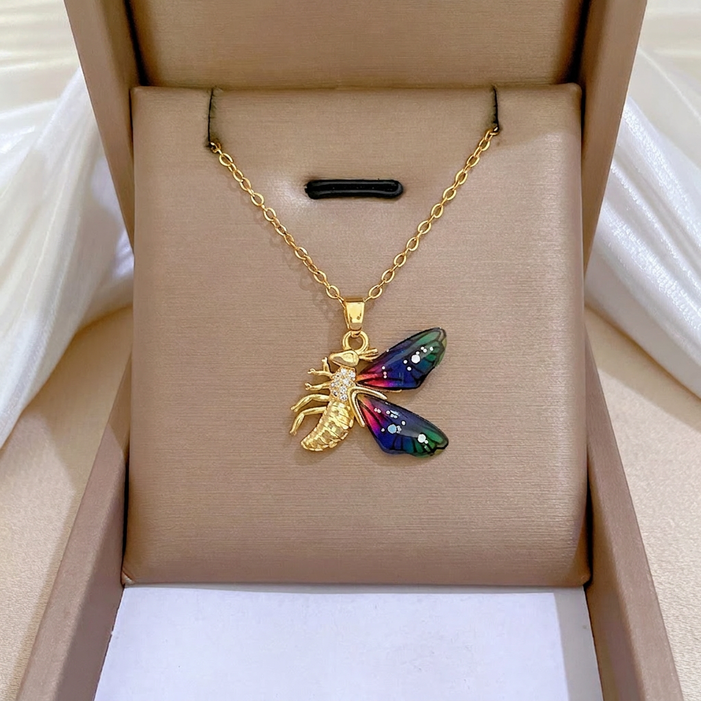 Bee Pendant Necklace Stainless Steel Chain Colorful Enamel Wings Copper Zircon Clavicle Chain For Women Elegant Jewelry