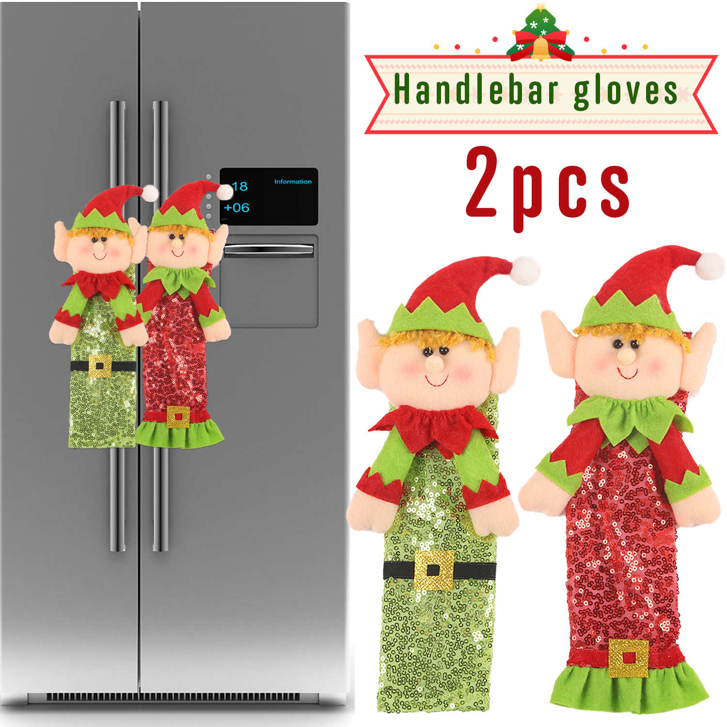 2Pcs Christmas Elf Refrigerator Handle Covers Sequin Velvet Fabric Protectors For Kitchen Fridge Microwave Oven Handle Decor Festive Holiday Party Supplies