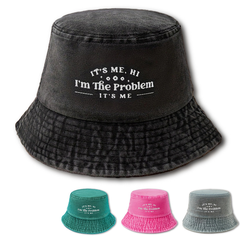 Washed Cotton Bucket Hat With I'm The Problem Letter Embroidery Retro Casual Sun Protection Canvas Fisherman Hat For Men Women Outdoor Travel