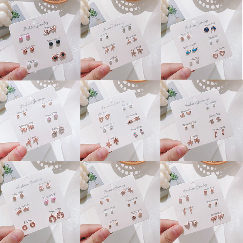 Fashion Alloy Pearl Rhinestone Stud Earring Set For Women 6-9 Pairs Minimalist Heart Star Flower Zirconia Weekly Daily Jewelry Gift