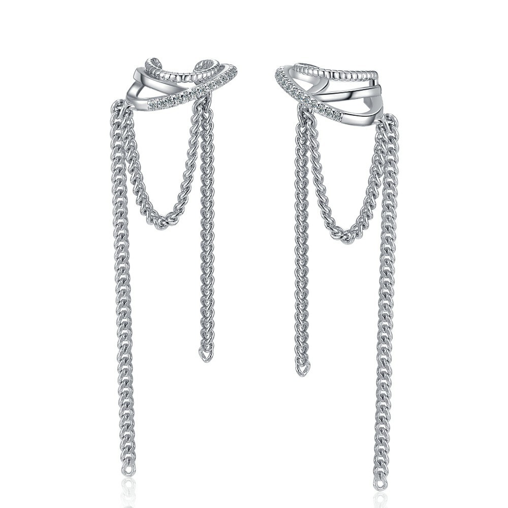Copper Zirconia Long Tassel Chain Ear Cuff No Piercing Multi Layer Clip On Earrings Women Elegant Jewelry