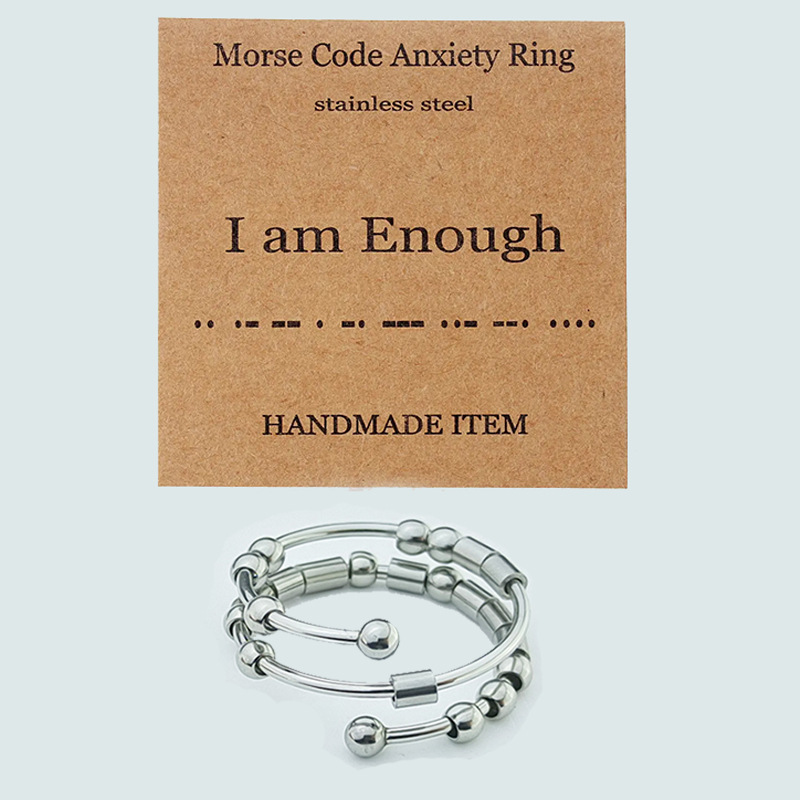 Stainless Steel Morse Code Fidget Ring Anxiety Stress Relief Spinning Beads Spiral Adjustable Band Jewelry Personalized Gift For Women Men