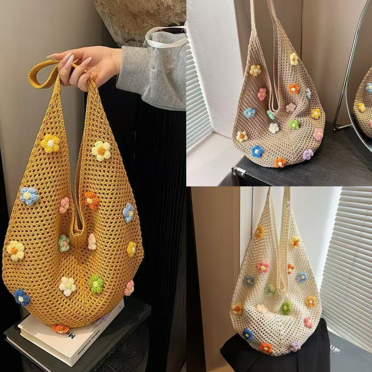 Retro Knitted Hollow Out Shoulder Bag Cotton Yarn Woven Tote Bag With 3D Floral Heart Pattern Large Capacity Summer Beach Travel Bag For Women