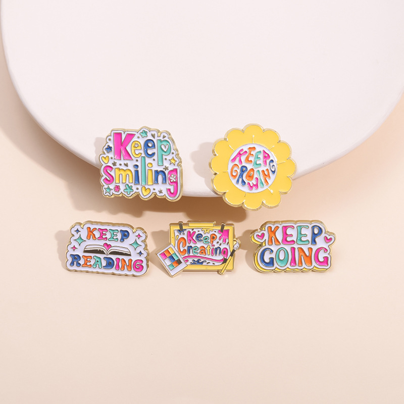 Motivational Enamel Pin Set Colorful Zinc Alloy Motivational Letters Keep Smiling Growing Reading Going Creating Brooch Badge For Backpack Clothes Decor Women Men