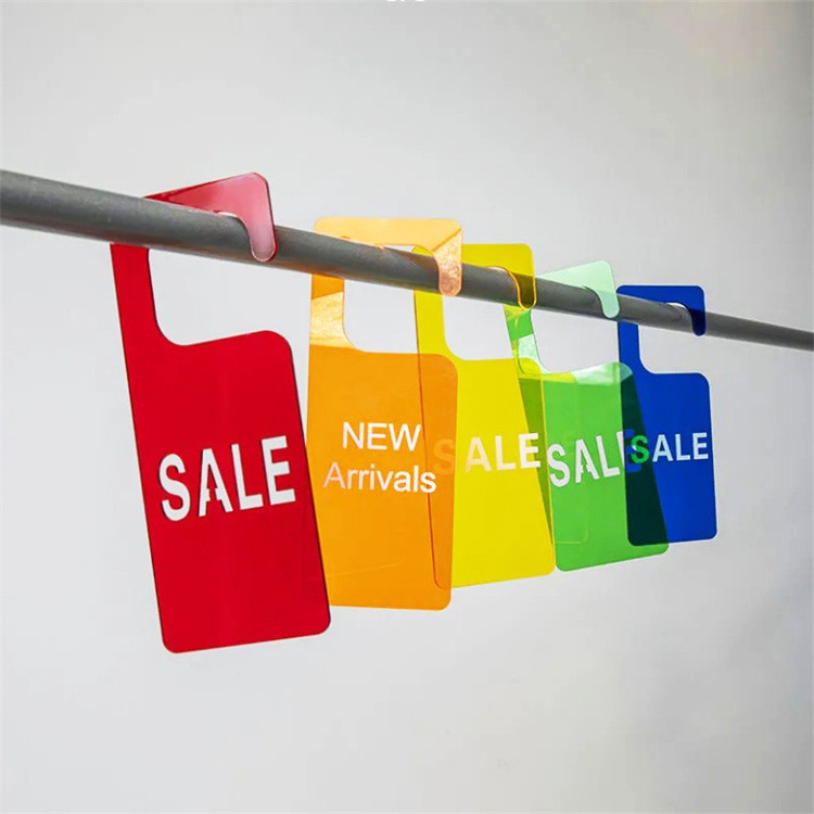 Acrylic Promotional Hanging Tags Clothing Store Sale New Arrivals Signs Mirror Transparent Door Rack Label Hangers for Retail Shop Boutique Advertising Display