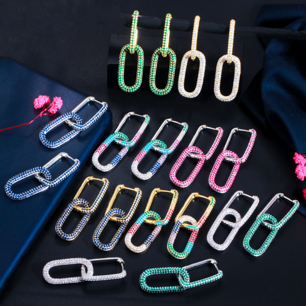 Geometric Interlocking Chain Link Hoop Earrings Copper 18K Gold Plated Micro Paved Colorful Cubic Zirconia Women Jewelry