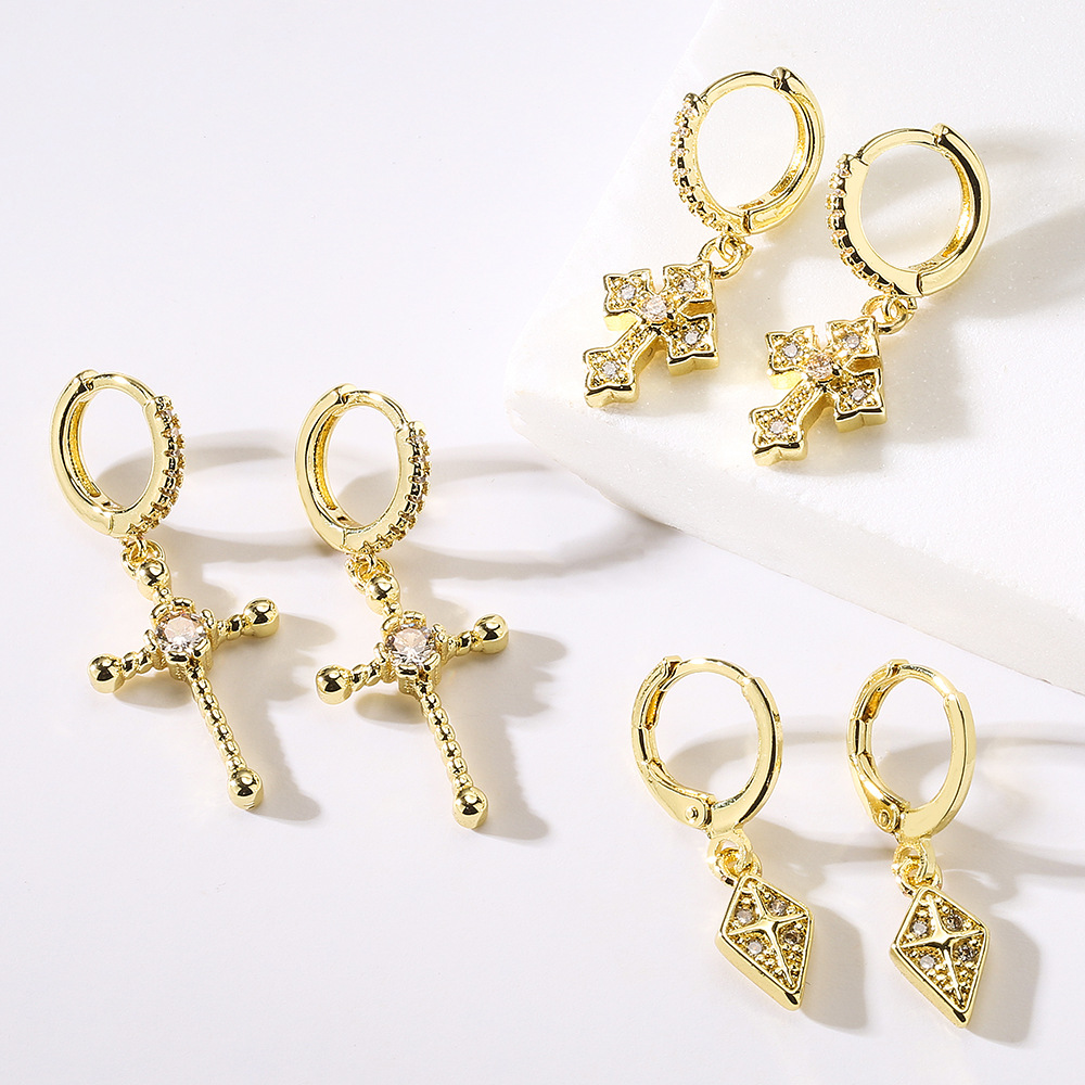 Copper Gold Plated Zircon Cross Pendant Earrings Geometric Hoop Dangle Religious Fashion Jewelry For Women