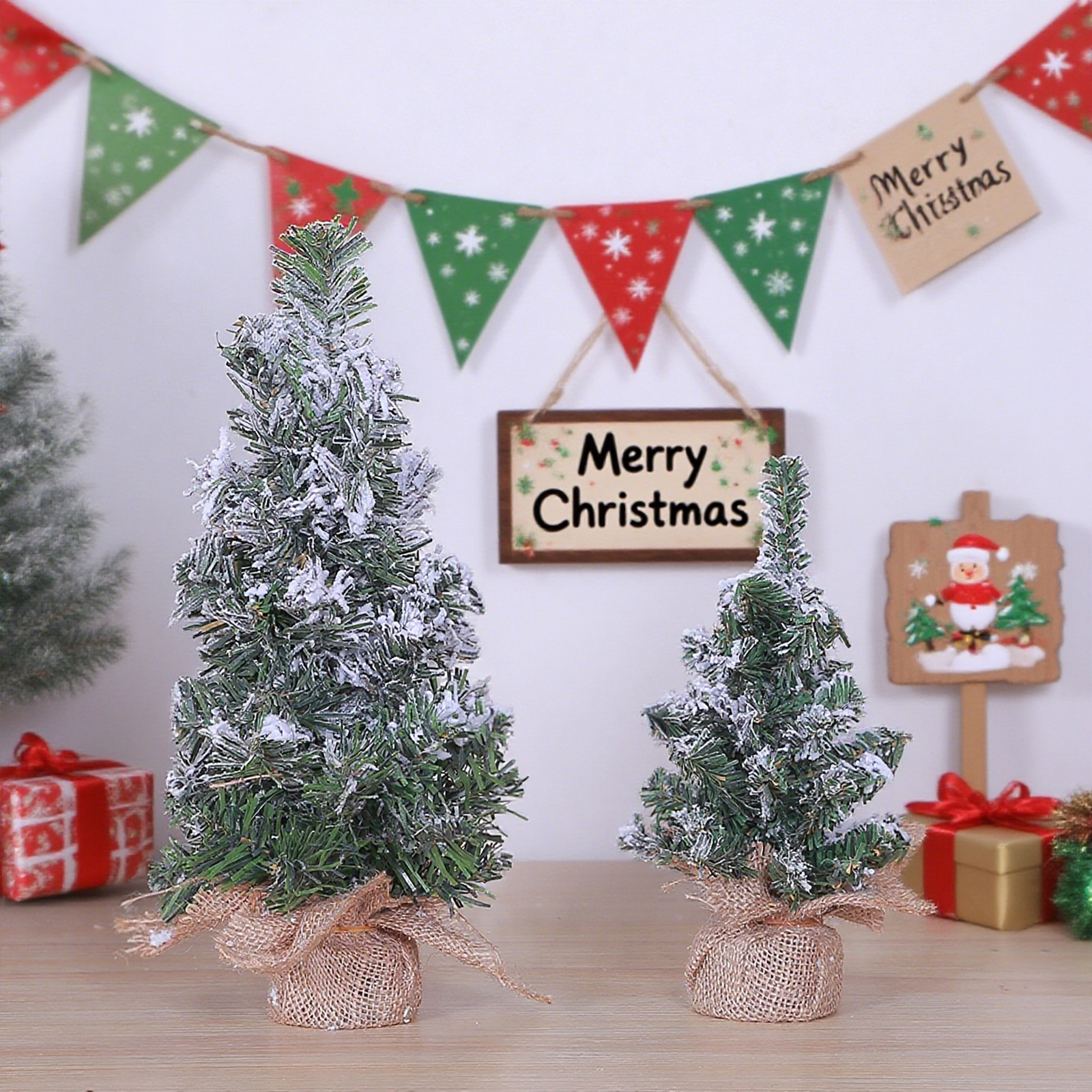 Mini Flocked Christmas Tree With Burlap Base Artificial Small Snow Covered Pine Tree For Tabletop Home Office Christmas Party Decoration