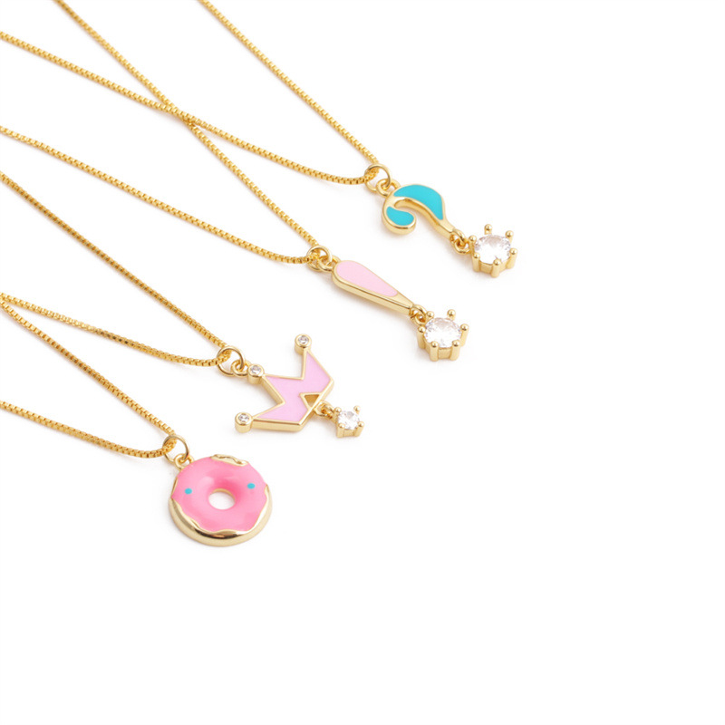 Fashion Gold Plated Copper Enamel Pendant Necklace With Zirconia Crown Donut Question Mark Zipper Geometric Shape Box Chain Necklace For Women Jewelry Gift