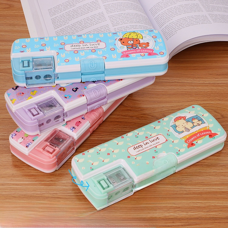 Multi-functional Plastic Pencil Case with Built-in Sharpener Double Layer Cartoon Animal Stationery Storage Box for Kids Students School Office