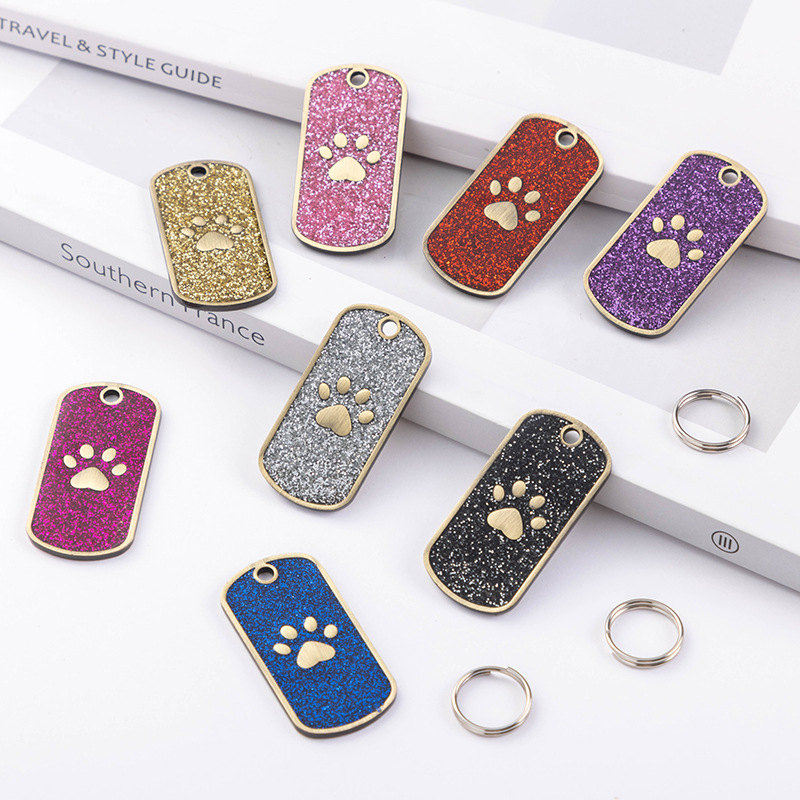 Personalized Glitter Paw Print Pet ID Tag Zinc Alloy Engravable Anti-lost Dog Cat Name Tag Rectangular Pendant Necklace Accessories For General Pets