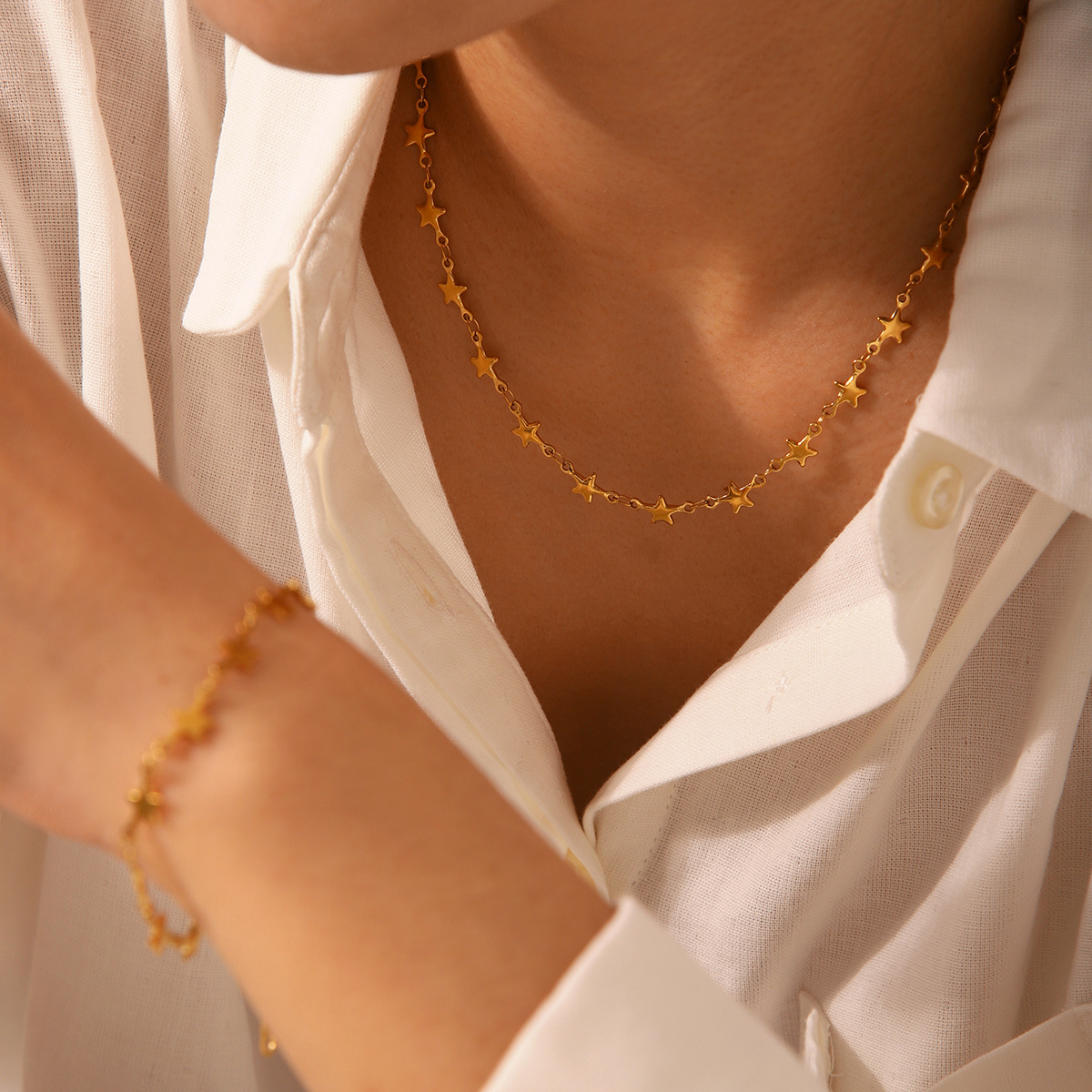 Stainless Steel Star Jewelry Set 18K Gold Plated Tiny Five-Pointed Star Necklace Bracelet Minimalist Dainty Star Link Chain For Women Daily Gift