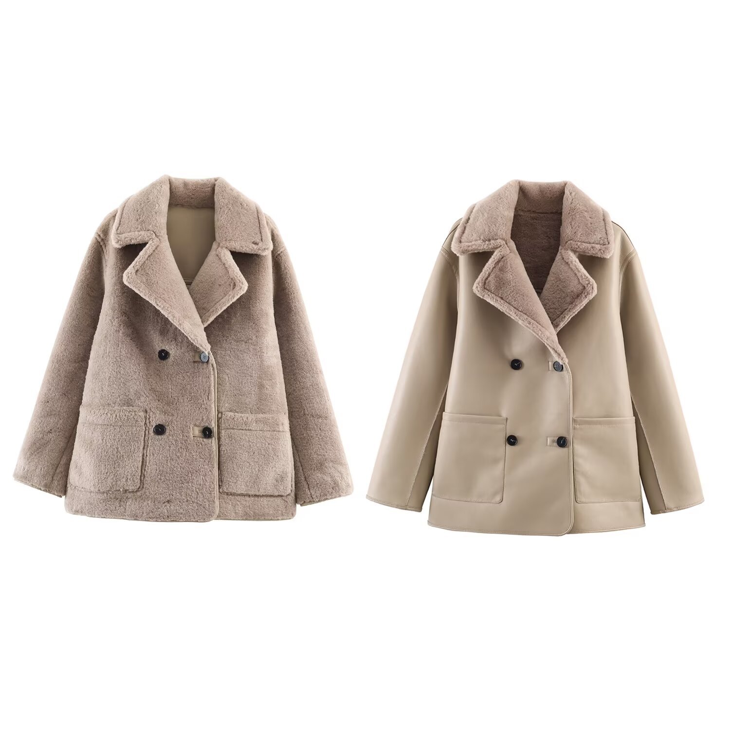 Women Winter Faux Lamb Wool Jacket Double Sided PU Leather Coat Fashion Warm Double Breasted Lapel Outerwear Streetwear Ladies Casual Overcoat