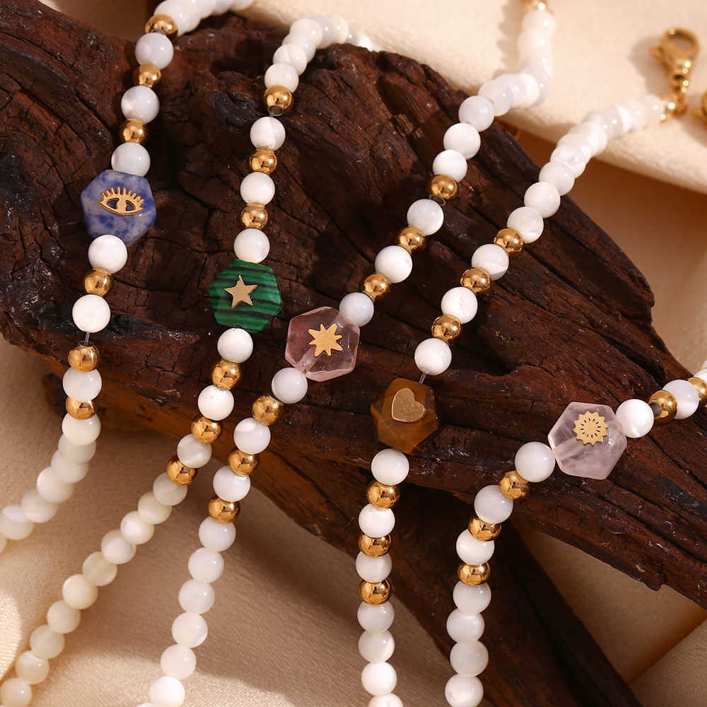 Bohemian 18K Gold Plated 316L Stainless Steel Beaded Bracelet For Women White Shell Beads With Hexagon Natural Stone Evil Eye Star Heart Pendant Adjustable Jewelry For Daily Party
