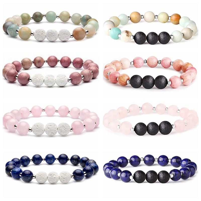 8mm Natural Stone Lava Rock Beaded Bracelet For Men Women Elastic Diffuser Bracelet With Stainless Steel Beads Retro Healing Jewelry Gift