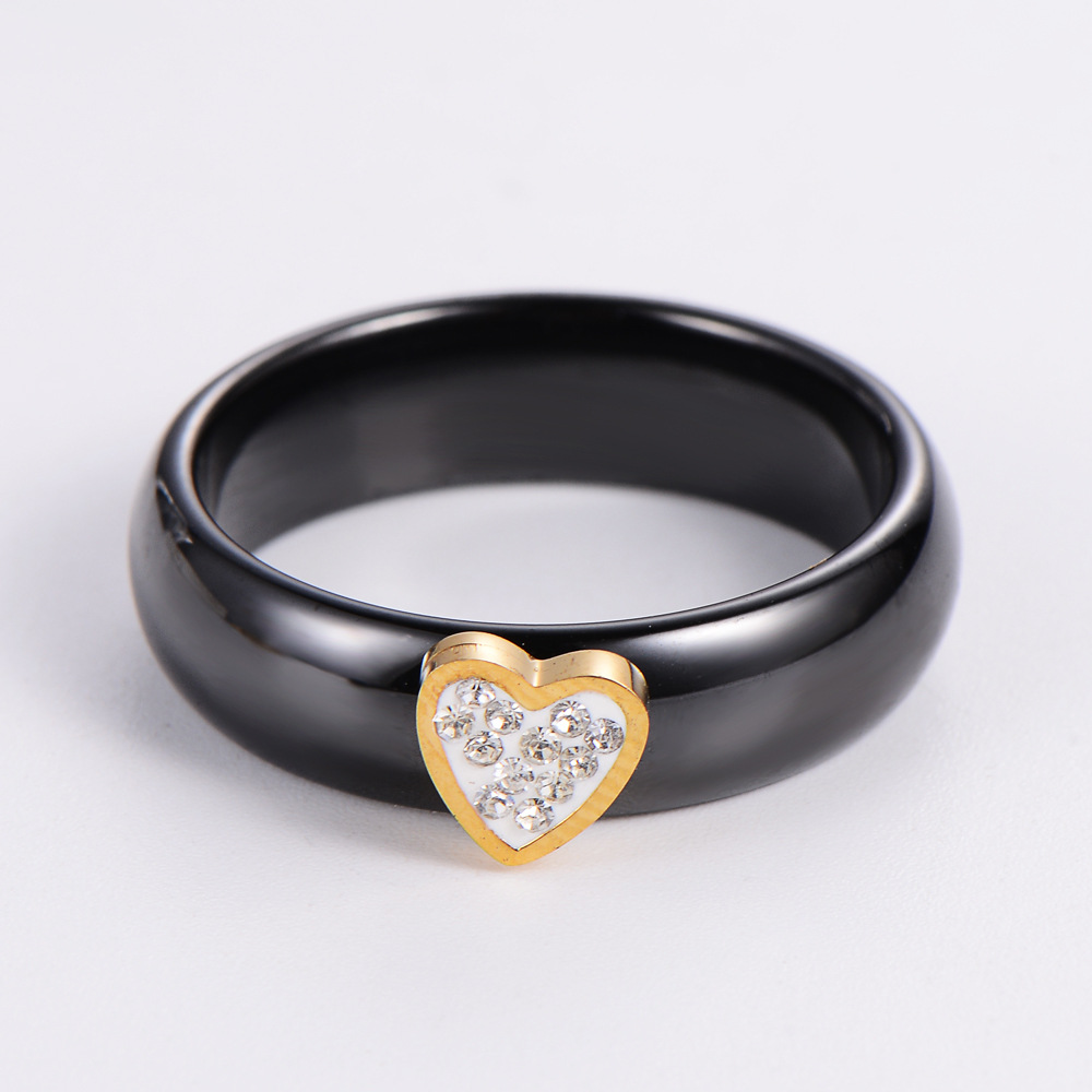 Heart Shaped Ring 304 Stainless Steel Black Ceramic Glaze Cubic Zirconia Glossy Polished Fashion Jewelry Women