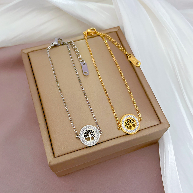 Tree Of Life Pendant Bracelet Stainless Steel Sparkling Zircon Circular Link Chain Adjustable Jewelry Gift For Women