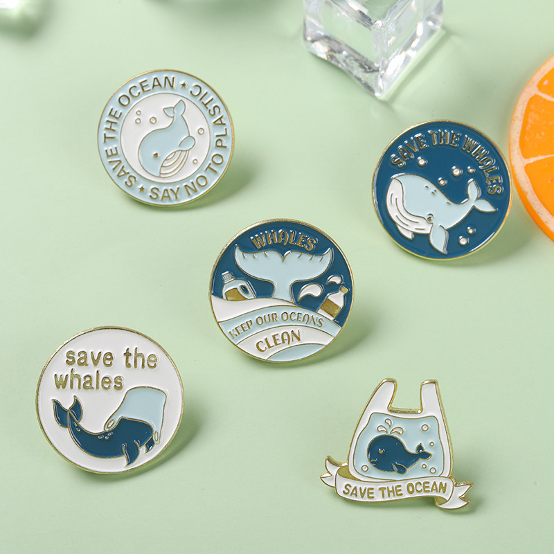Save the Ocean Whale Enamel Brooch Pin Set Alloy Metal Environmental Protection Lapel Pin for Backpack Clothing Accessories Unisex Jewelry
