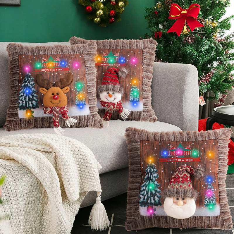 Christmas LED Glowing Pillowcase Plush Faux Fur Trim Santa Claus Reindeer 3D Doll Cushion Cover for Sofa Living Room Home Decor Happy New Year Gift